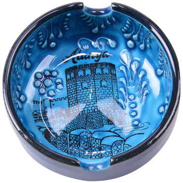 Alanya Themed Turkish Ceramic Turquoise Ashtray Small Size - Thumbnail