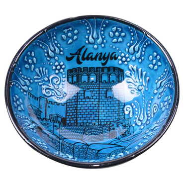 Myros - Alanya Themed Turkish Ceramic Turquoise Bowl 13 Cm