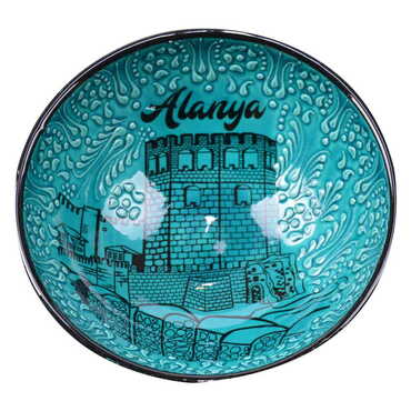 Alanya Themed Turkish Ceramic Turquoise Bowl 16 Cm - Thumbnail