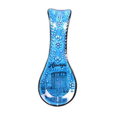 Alanya Themed Turkish Ceramic Turquoise Spoon Rest - Thumbnail