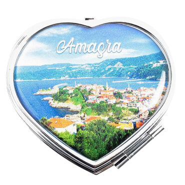 Amasra Themed Customised Metal Epoxy Travel Make Up Compact Heart Shaped Mirror 70x65x8 mm - 2