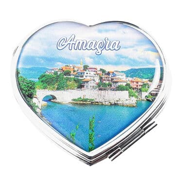 Amasra Themed Customised Metal Epoxy Travel Make Up Compact Heart Shaped Mirror 70x65x8 mm - 5