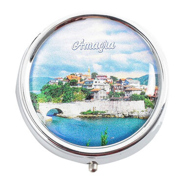 Amasra Themed Customised Epoxy Round Pill Box 50x15 mm - Thumbnail