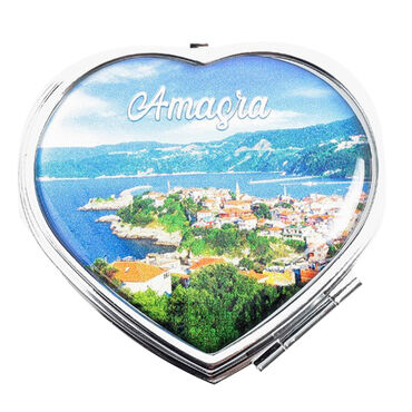 Amasra Themed Customised Metal Epoxy Travel Make Up Compact Heart Shaped Mirror 70x65x8 mm - Thumbnail