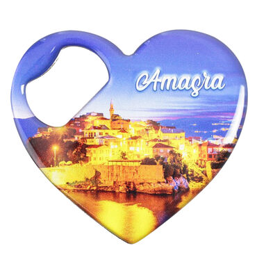 Myros - Amasra Themed Heart Shaped Metal Magnetic Bottle Opener 85x76 mm