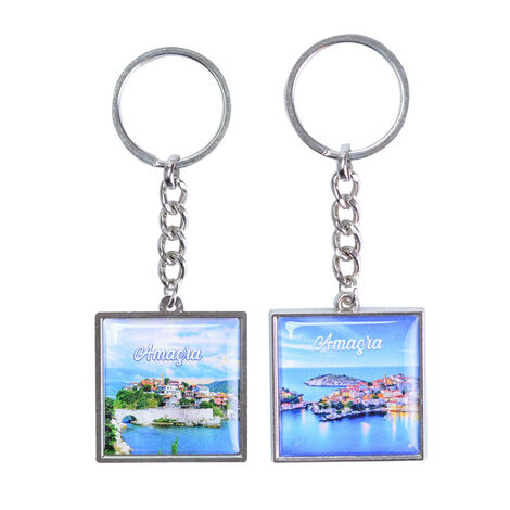 Amasra Themed Metal Square Shaped Double Sided Keychain 36x95 mm