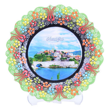 Amasra Themed Turkish Ceramic Plate With Epoxy 18 Cm - Thumbnail