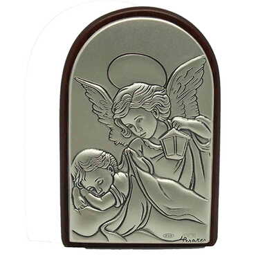 Myros - Angel Praying For Little İll Girl Figure With Bi-Laminated Silver Plaque And Wooden Icon 40x60 mm