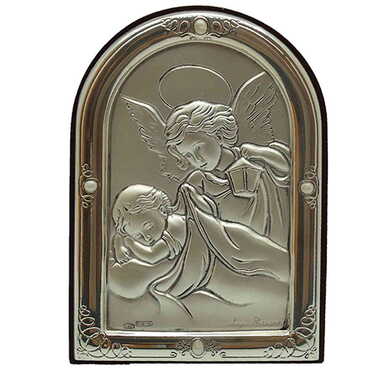 Myros - Angel Praying For Little İll Girl Figure With Bi-Laminated Silver Plaque And Wooden Icon 65x80 mm