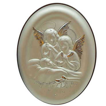 Myros - Angels Praying For Little İll Girl Figure With Bi-Laminated Silver Plaque And Wooden Icon 110x150 mm