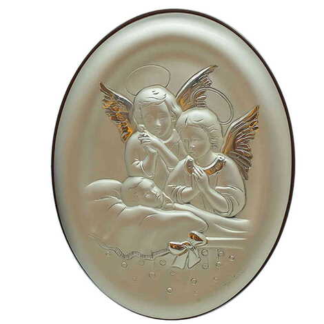 Angels Praying For Little İll Girl Figure With Bi-Laminated Silver Plaque And Wooden Icon 110x150 mm