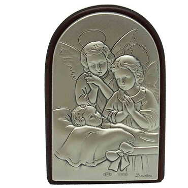 Myros - Angels Praying For Little İll Girl Figure With Bi-Laminated Silver Plaque And Wooden Icon 40x60 mm