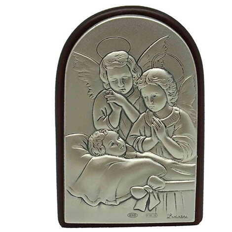 Angels Praying For Little İll Girl Figure With Bi-Laminated Silver Plaque And Wooden Icon 40x60 mm