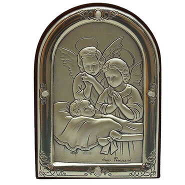 Myros - Angels Praying For Little İll Girl Figure With Bi-Laminated Silver Plaque And Wooden Icon 66x80 mm