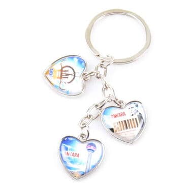 Ankara Themed Metal Keychain With 3 Charms - Heart 40x85 mm - 2