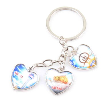 Ankara Themed Metal Keychain With 3 Charms - Heart 40x85 mm - 3