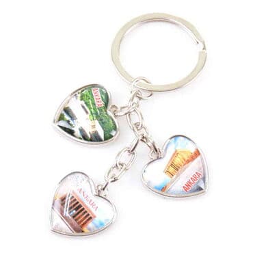 Ankara Themed Metal Keychain With 3 Charms - Heart 40x85 mm - 4