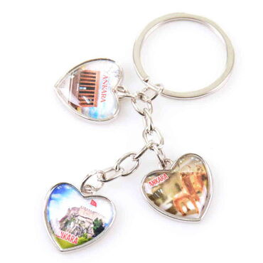 Ankara Themed Metal Keychain With 3 Charms - Heart 40x85 mm - Thumbnail