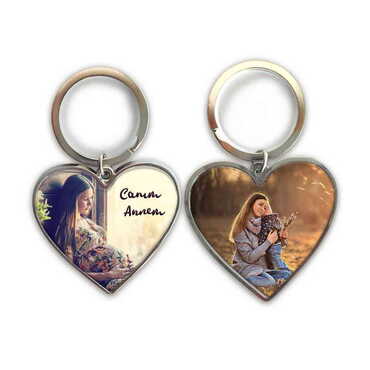 Myros - Mom Themed Metal Heart ShapedDouble Face Keychain 45x90 mm