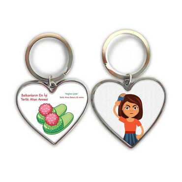 Myros - Mom Themed Metal Heart ShapedDouble Face Keychain 45x90 mm