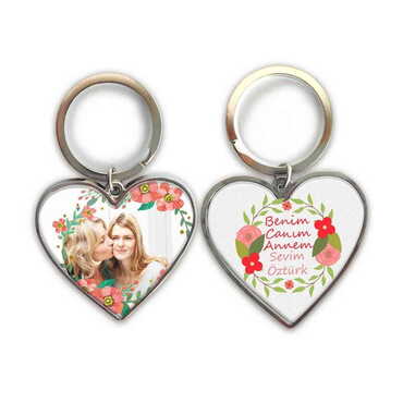 Myros - Mom Themed Metal Heart ShapedDouble Face Keychain 45x90 mm