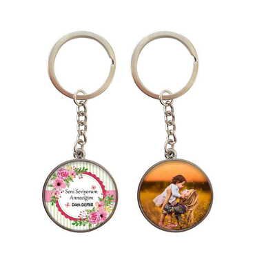 Myros - Mom Themed Metal Double Face Round Keychain 40x95 mm