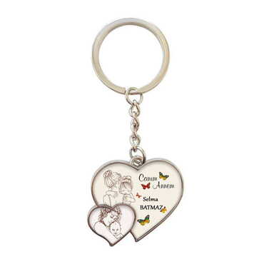 Mom Themed Metal Double Heart Shaped Keychain 40x94 mm