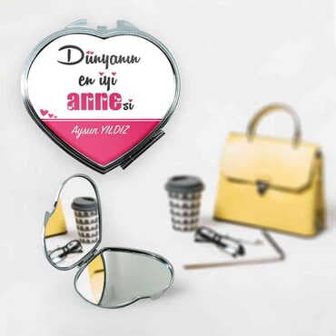 Mom Themed Customised Metal Epoxy Travel Make Up Compact Heart Shaped Mirror 70x65x8 mm