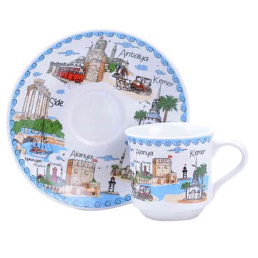 Antalya Region Themed Turkish Ceramic Custom Printed Turkish Coffee Cup Set of 2 pcs