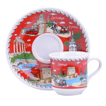 Antalya Region Themed Turkish Ceramic Custom Printed Turkish Coffee Cup Set of 2 pcs - 7