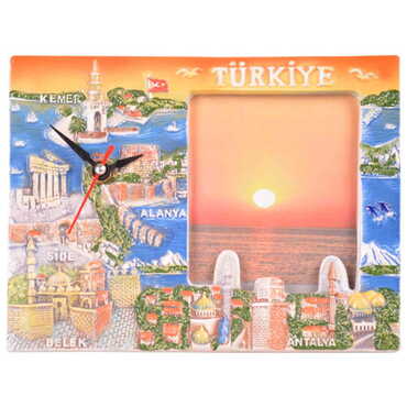 Myros - Antalya Region Themed Ceramic Orange Watches Photo Frame with Clock