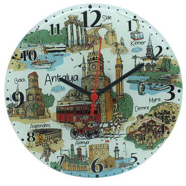 Myros - Antalya Region Themed Decorative Custom Print Glass Wall Watch 25 Cm