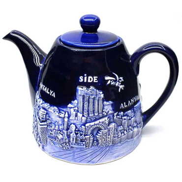 Myros - Antalya Region Themed Side Themed Ceramic Blue Tea Pot Infuser