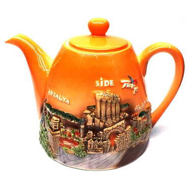 Myros - Antalya Region Themed Side Themed Ceramic Orange Tea Pot Infuser