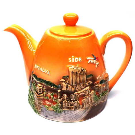 Antalya Region Themed Side Themed Ceramic Orange Tea Pot Infuser