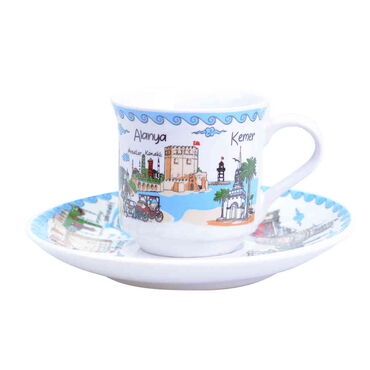 Antalya Region Themed Turkish Ceramic Custom Printed Turkish Coffee Cup Set of 2 pcs - Thumbnail