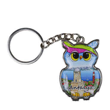 Antalya Themed Owl Shaped Metal Keychain