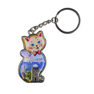 Antalya Themed Cat Shaped Metal Keychain