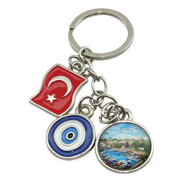 Toptan Antalya Temalı Myros Bayrak Nazar Üçlü Anahtarlık - Myros