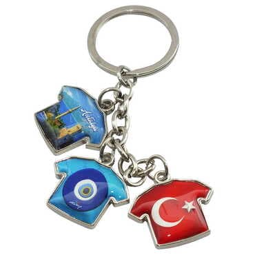 Antalya Themed Metal Keychain With 3 Charms - T-Shirt 40x95 mm