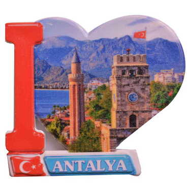 Toptan Antalya Temalı Uv Baskılı Kalp Şekilli Magnet 86x62 mm - Myros