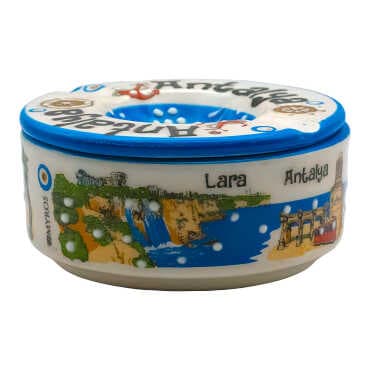 Antalya Themed Traditional Ceramic Lidded Small Ashtray 110 mm - Standart - 2