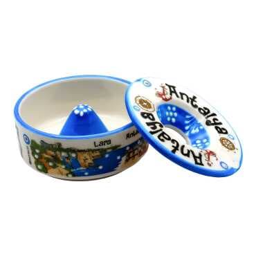 Antalya Themed Traditional Ceramic Lidded Small Ashtray 110 mm - Standart - 3
