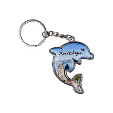 Antalya Themed Dolphin Shaped Metal Keychain