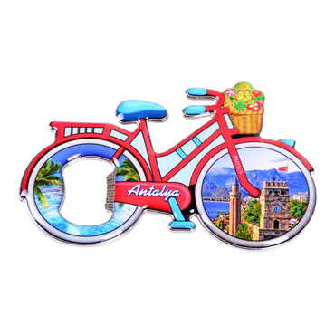 Antalya Themed Bicycle Shaped Metal Magnetic Bottle Opener 100x65 mm - Thumbnail