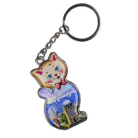 Antalya Themed Cat Shaped Metal Keychain - 2