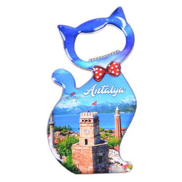 Antalya Themed Cat Shaped Metal Magnetic Bottle Opener 97x48 mm - Thumbnail