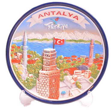 Antalya Themed Ceramic Blue Decorative Plate 15 Cm - Myros