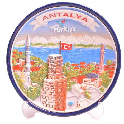 Antalya Themed Ceramic Blue Decorative Plate 15 Cm