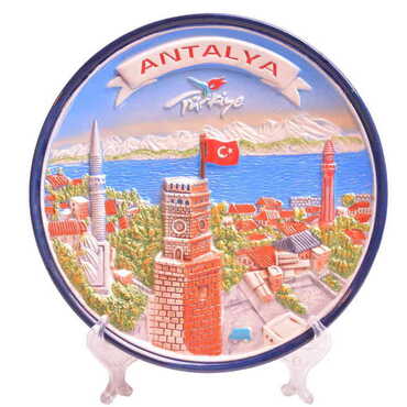 Myros - Antalya Themed Ceramic Blue Decorative Plate 20 Cm